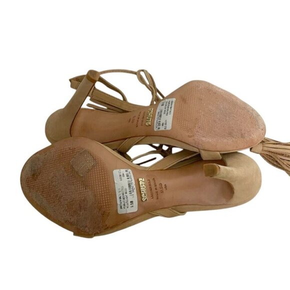 SCHUTZ Size 9.5 Beige Heel Stiletto Pom Pom Tassels Camel - Picture 8 of 12